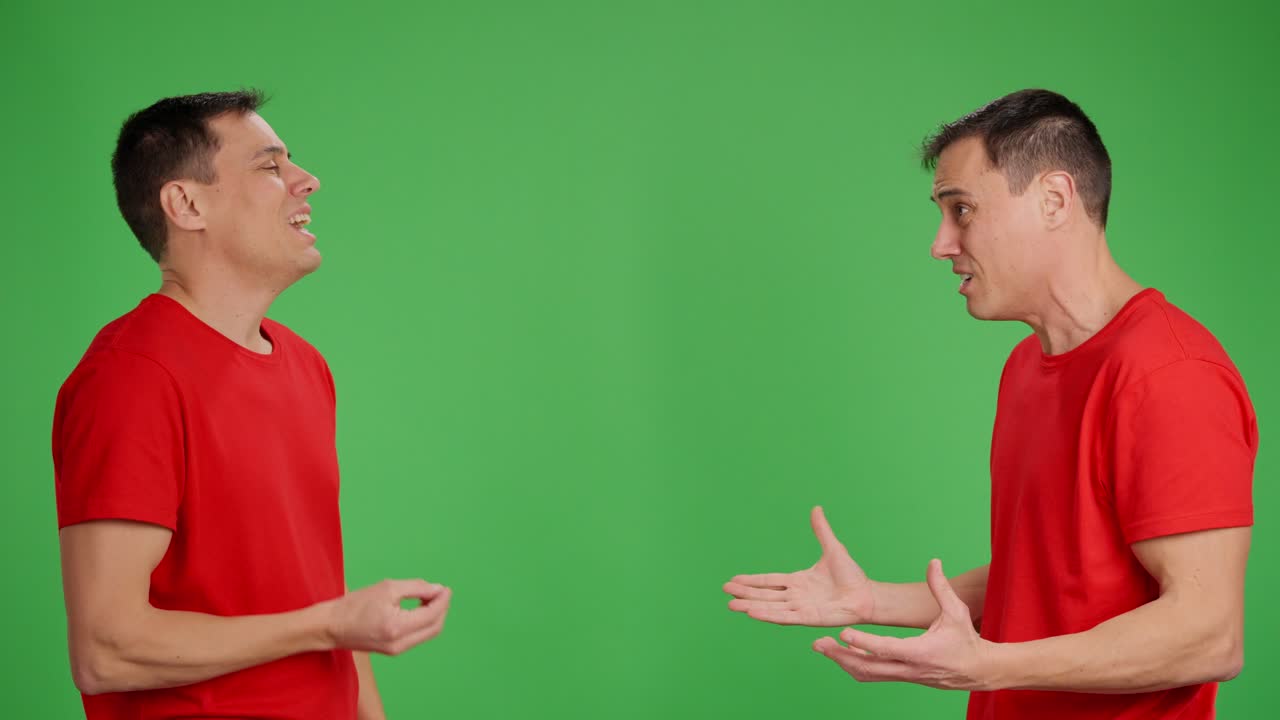Man arguing with himself on green screen