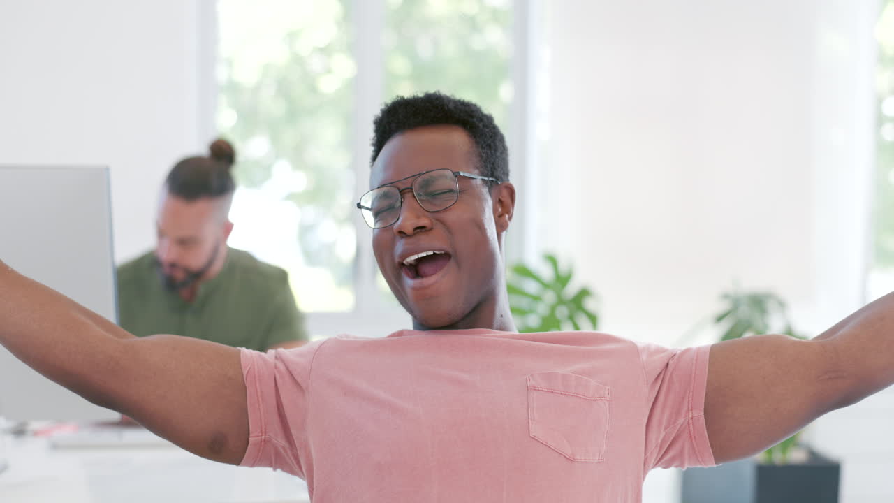 Office fatigue, yawn and black man tired