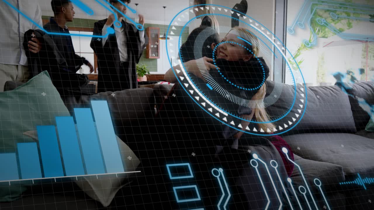 Woman passing couch initiating gown prep; two women sitting, embracing as blue HUD overlaying grad