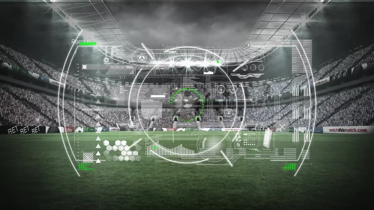 анимация обработки данных над спортивным стадионом