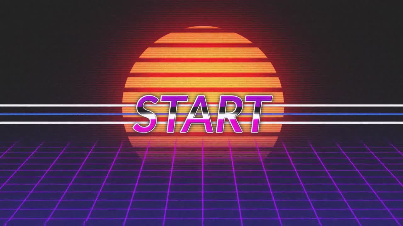 애니메이션 빈티지 비디오 게임 화면에 단어 시작이 쓰여져 있습니다.