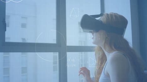 Animation-Mathematischer-Zeichnungen-Und-Gleichungen-über-Einer-Frau-Mit-VR-Headset