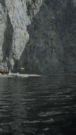 a calm, sunny day at the beach with a rocky cliff in the background