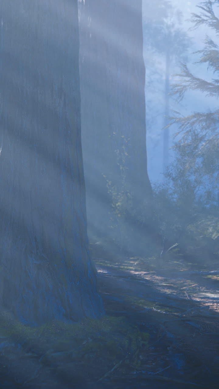 Sunlight filters through trees in a serene forest setting during morning hours