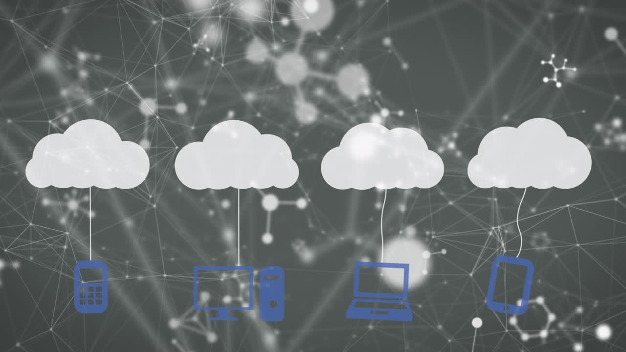 animación de nubes digitales con dispositivos electrónicos y red de conexiones