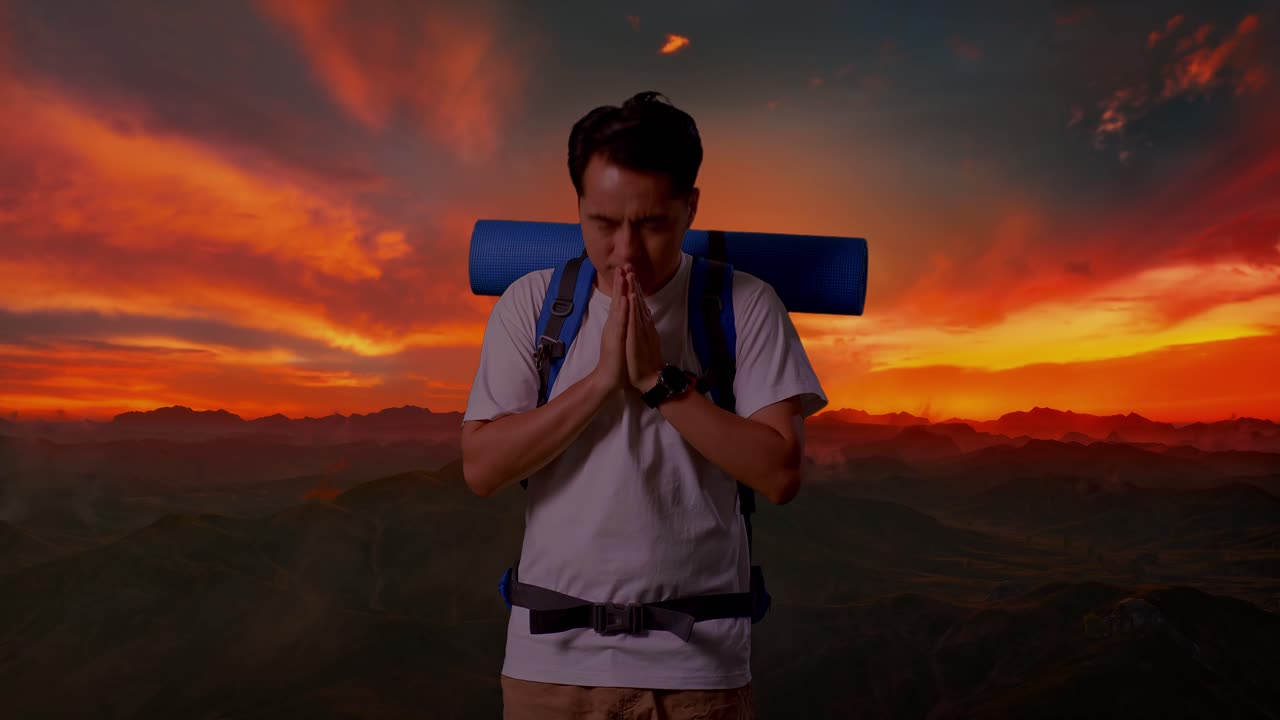 un excursionista orando al atardecer