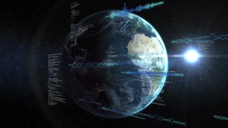 In space, Earth surrounded by digital data streams and bright animation light