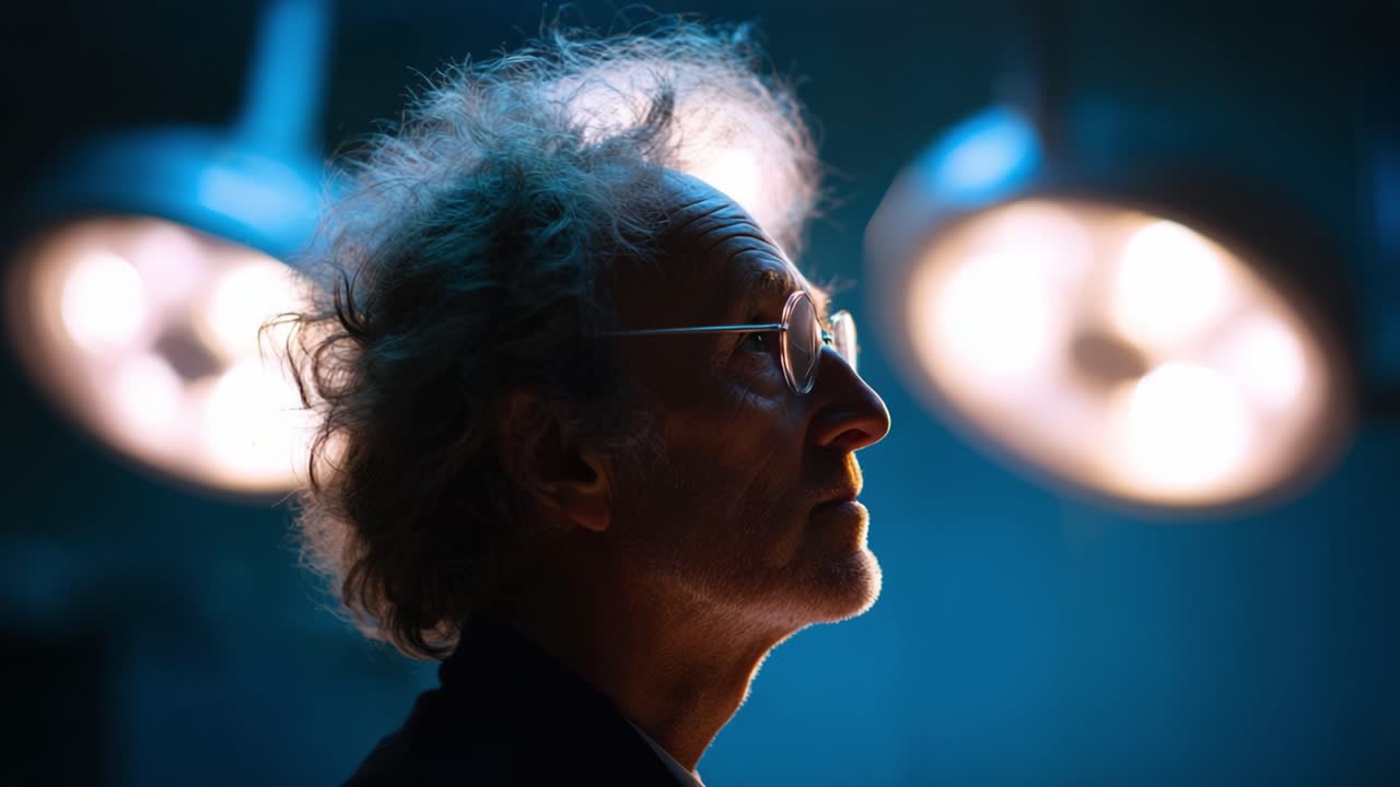 A contemplative figure illuminated by soft overhead lights, showcasing the beauty of shadows and highlights in a serene and introspective moment of thought