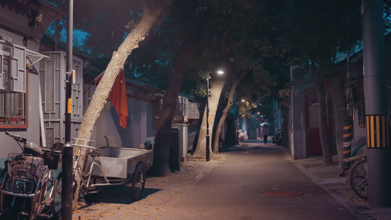 Night alley with asian man walking, moody cinematic atmosphere with dim streetlight glow, red flags hanging from storefront, parked rickshaw and bicycle under tree canopy, narrow pavement lined
