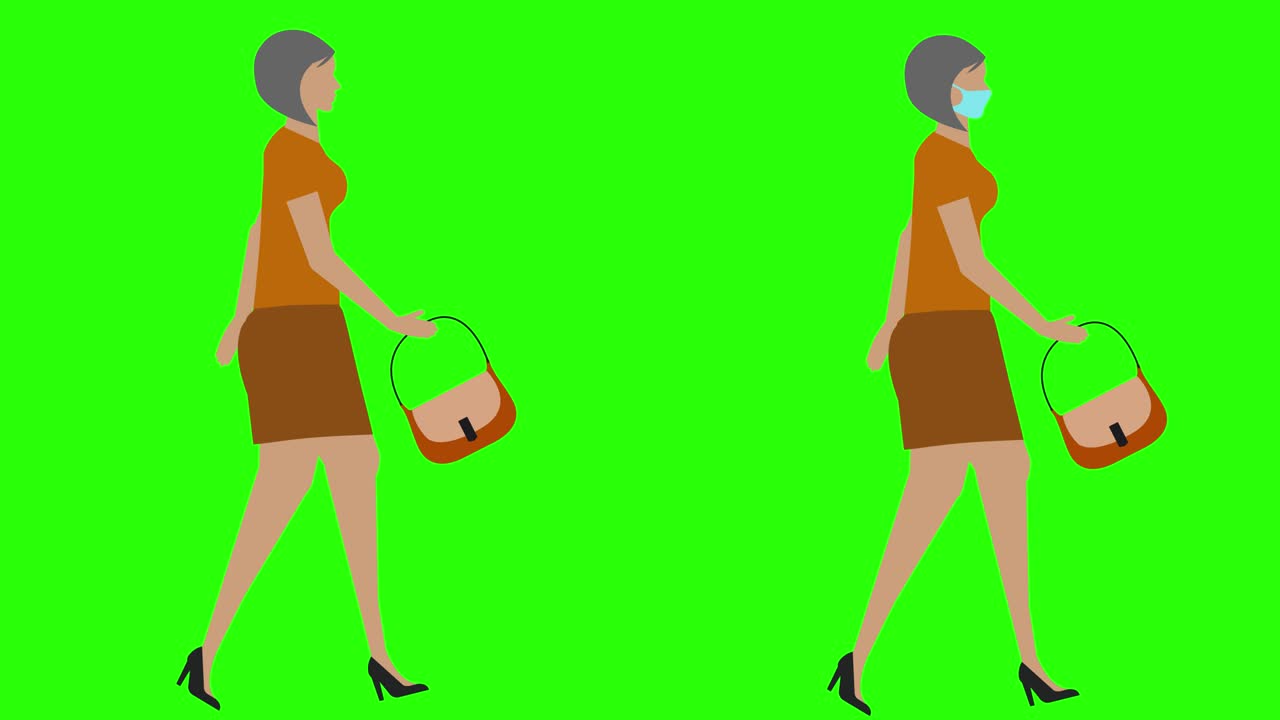 Women walking cycle seamless loop , face mask version, green screen chroma key animation, flat design