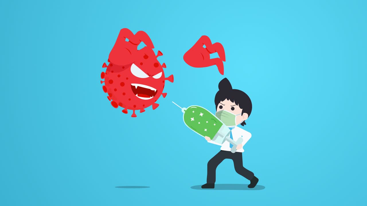 한 사업가가 마스크를 착용하고 백신으로 코로나 바이러스를 죽였습니다. - 4k 루프 애니메이션