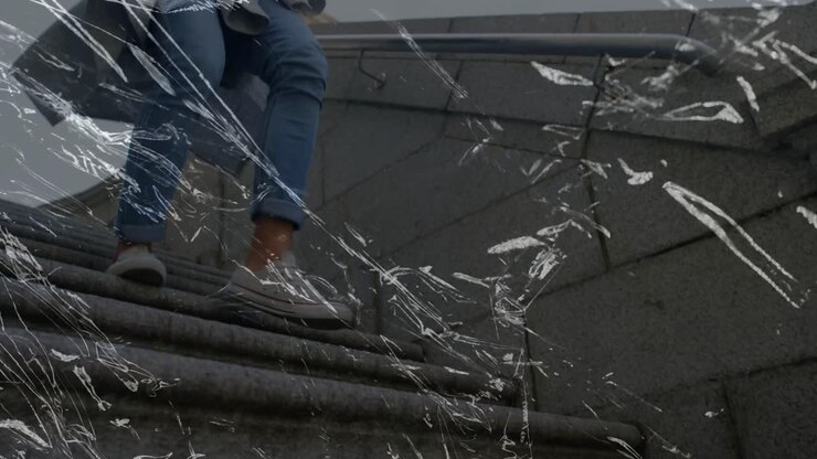 Man descending stairs checking phone for navigation tech, camera closing, scratched film streaking