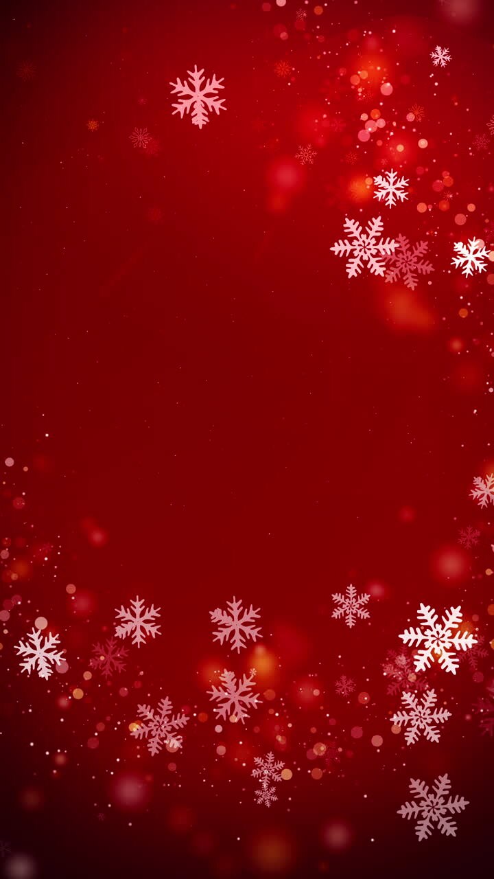 Curved Christmas frame made of white snowflakes on a red festive animated background with particles. Looped motion graphics. Vertical video.