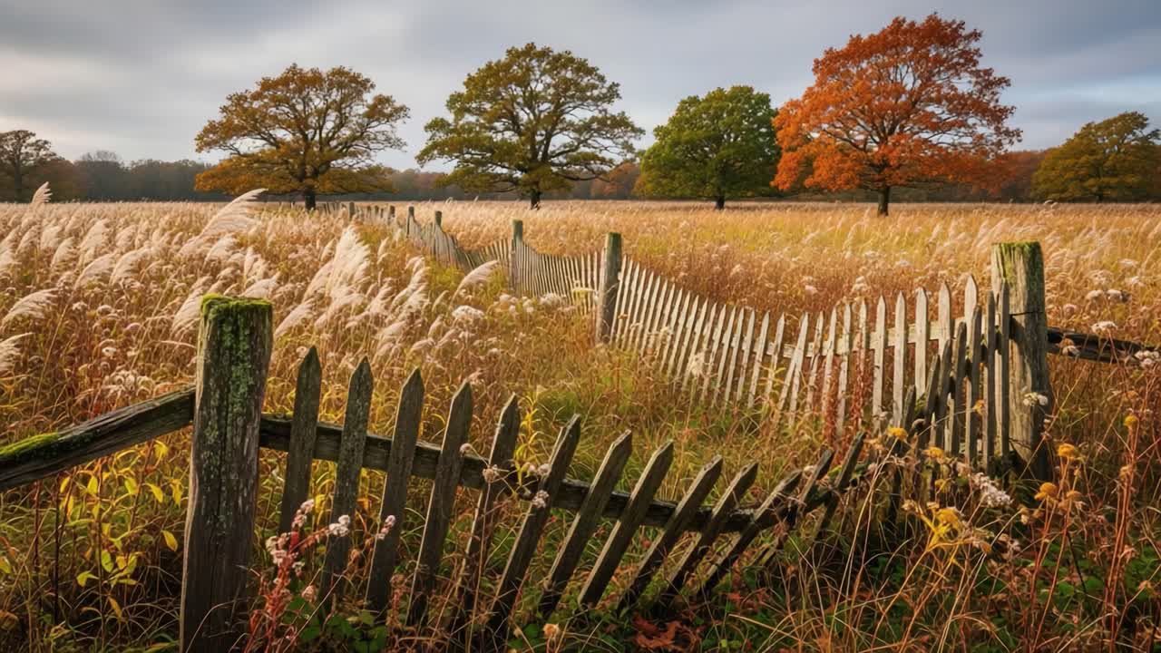 Captivating Autumn Landscape with Rolling Fencing, Majestic Trees, and Golden Grasses Under a Dull Sky, Emphasizing Nature's Beauty and Seasonal Transition