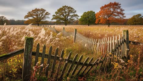 Captivating Autumn Landscape with Rolling Fencing, Majestic Trees, and Golden Grasses Under a Dull Sky, Emphasizing Nature&#039;s Beauty and Seasonal Transition