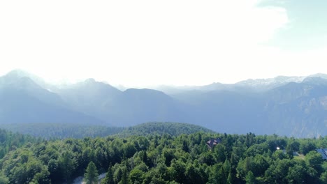 aerial drone fly above european julian alps, slovenia, green forest landscape in alpine altitude, vogel mountain scenic heaven vision among the clouds