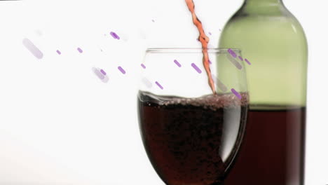 animation of purple shapes over glass of wine on white background