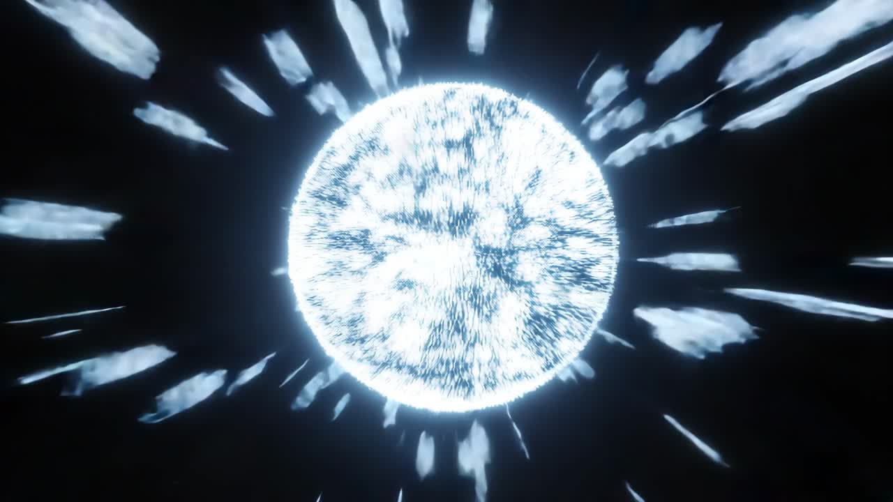 Dynamisches Video einer leuchtenden Kugel, die Lichtstreifen aussendet, aus zentraler Perspektive aufgenommen