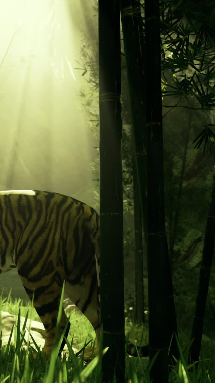 Tigre che si muove attraverso la foresta di bambù sotto la luce solare intensa al mattino