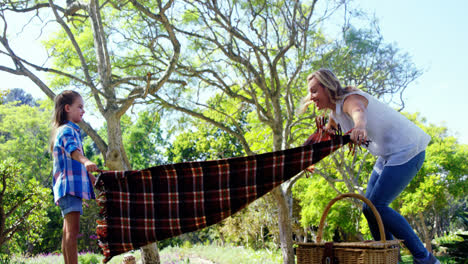 mother and daughter spreading the picnic blanket 4k