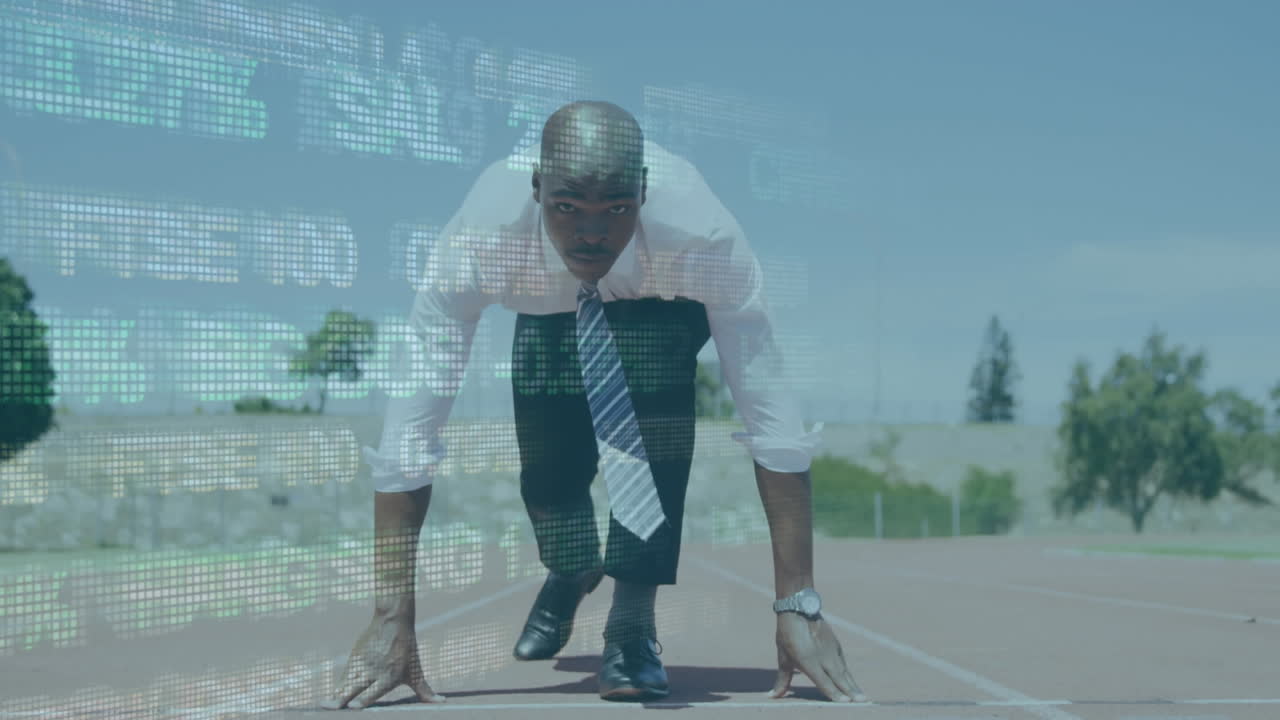 Animation shows a man racing against COVID-19 data, highlighting pandemic impact.