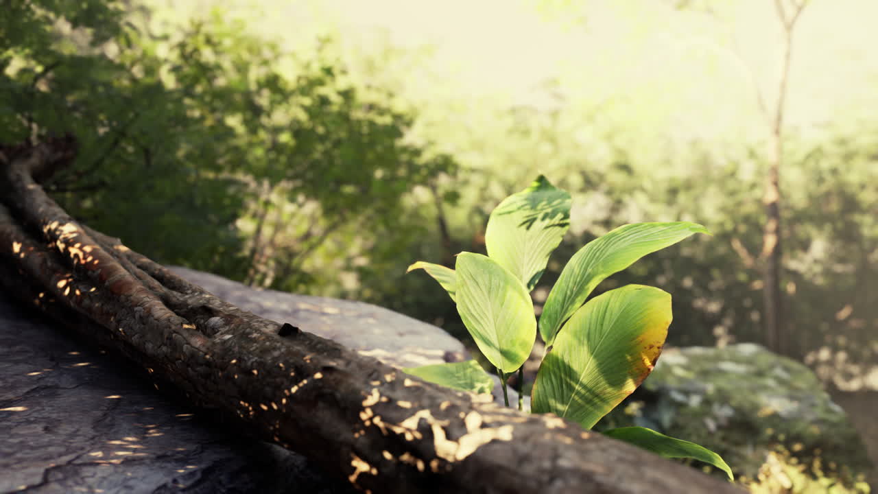 숲 속의 바위 위에 자라는 초록색 식물의 클로즈업