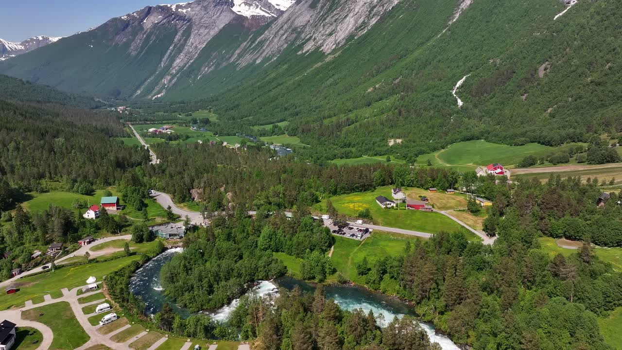 Wide angle showing the landscape along the river Valld&oslash;la in Valldal, Norway