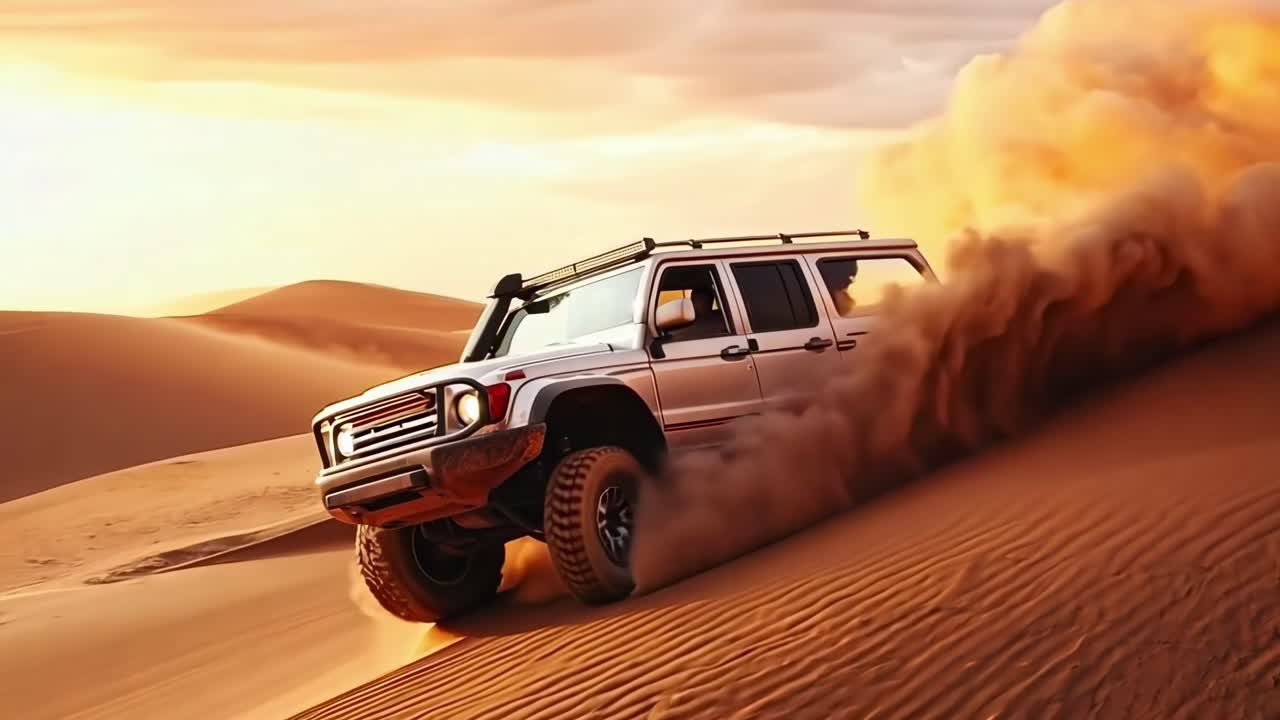SUV che guida attraverso dune di sabbia nel deserto, sollevando polvere.