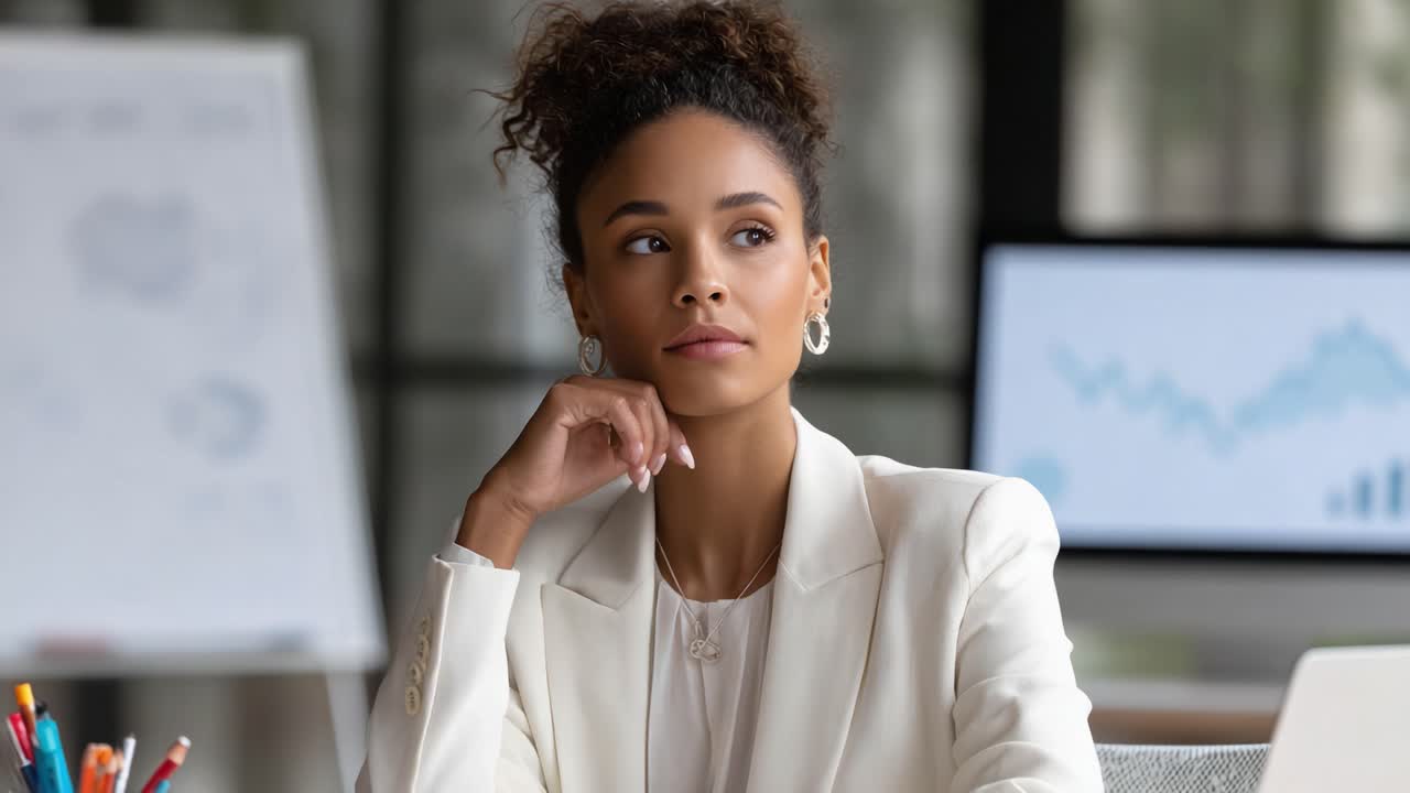 A Professional Woman in Thoughtful Reflection, Analyzing Data and Strategies in a Modern Office Environment for Business Innovation and Growth