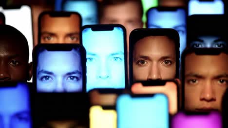 a kaleidoscope of faces illuminated by screens: exploring the intersection of digital presence and human connection in a tech-driven world