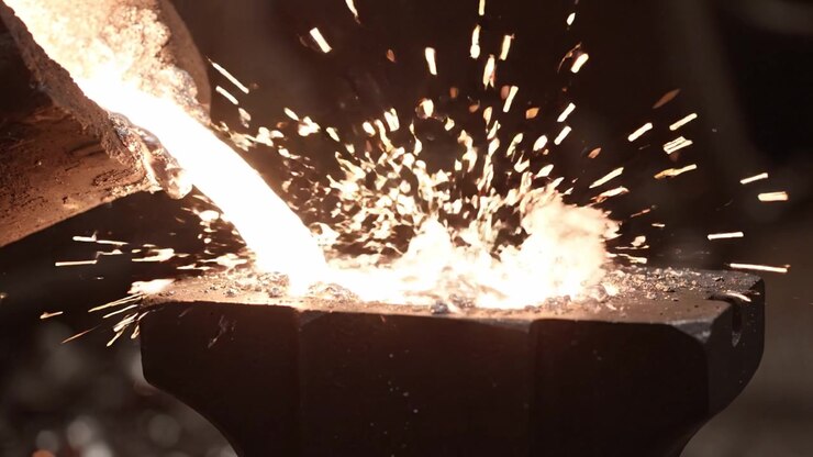 Captivating Metal Pouring Process: The Art of Casting Liquid Metal into an Anvil Mold, Showcasing Heat, Smoke, and Transformation from Liquid to Solid