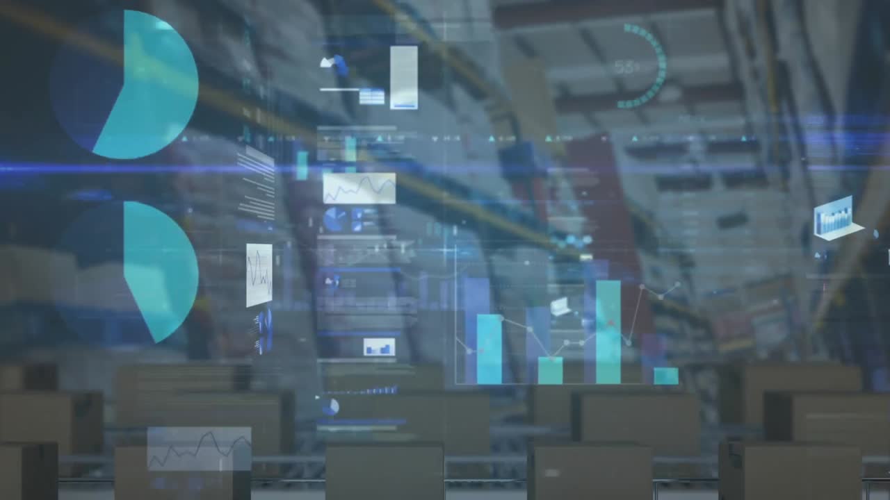 창고에서 컨베이어 벨트에 있는 카드보드 상자 위에서 통계 처리의 애니메이션