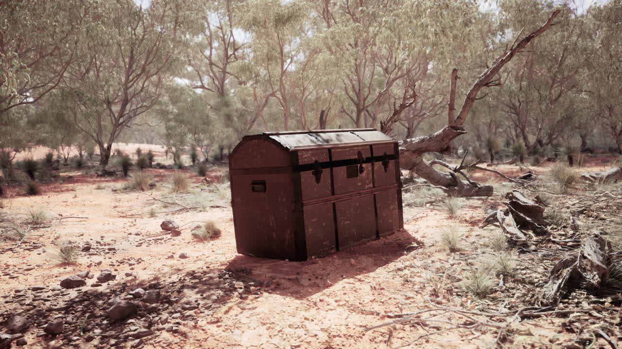 모래 해변 에 있는 폐쇄 된 나무 보물 상자