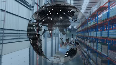 composición digital del globo giratorio contra el almacén en el fondo