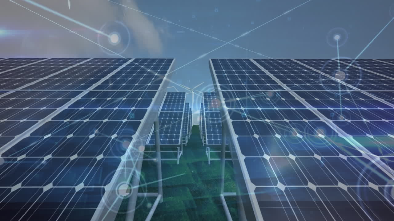 하늘을 배경으로 녹색 필드에서 태양 패널과 풍차 위에 있는 선으로 연결된 점들의 애니메이션