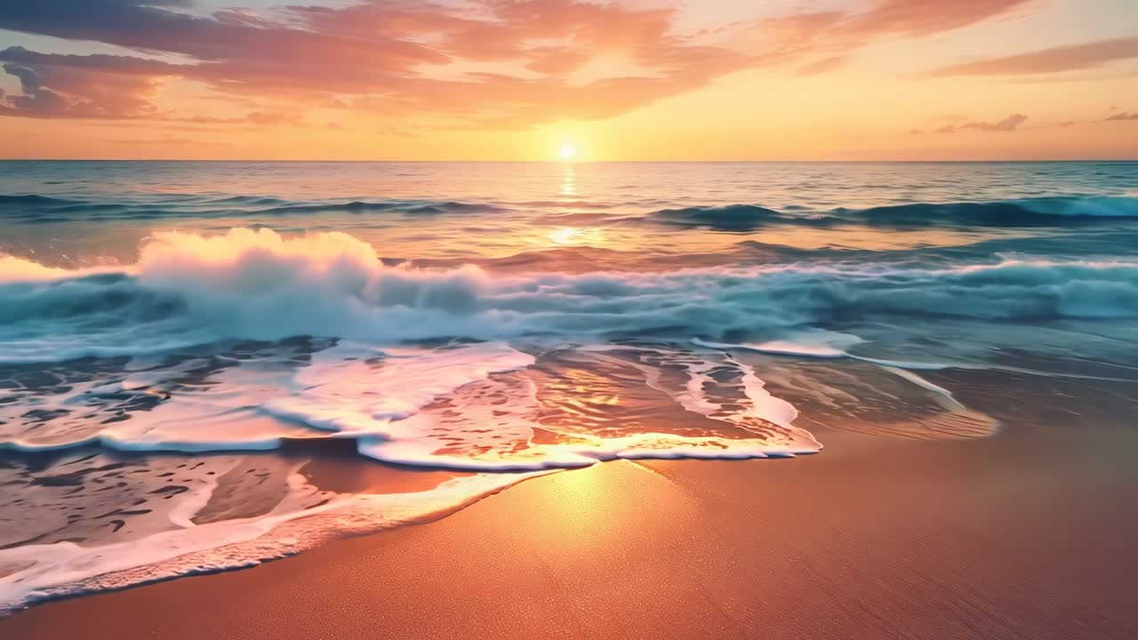 A serene beach sunset video with waves gently lapping the shore