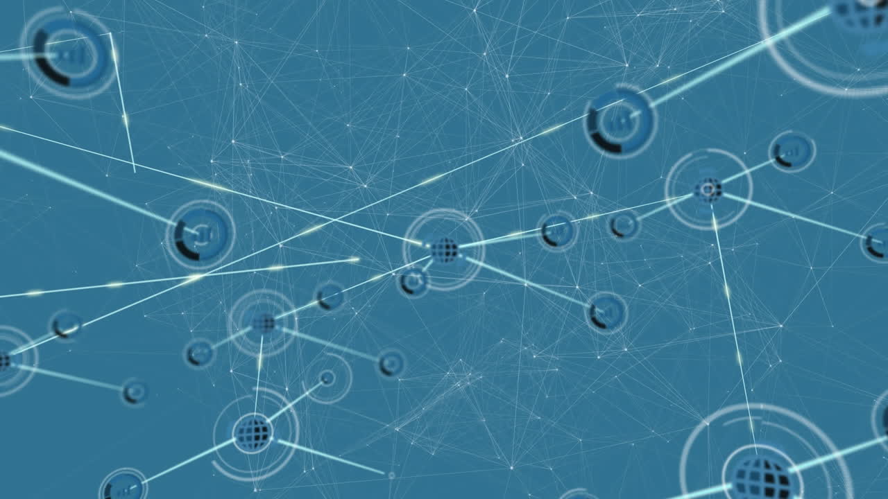 파란색 배경에 연결 네트워크와 디지털 아이콘의 애니메이션