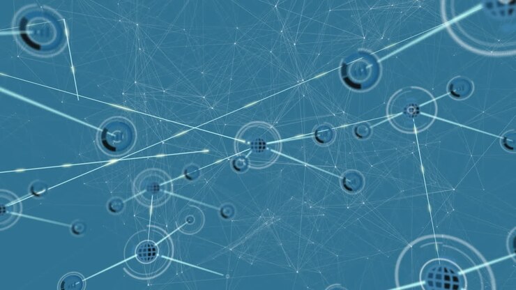 Animación de red de conexiones e íconos digitales sobre fondo azul