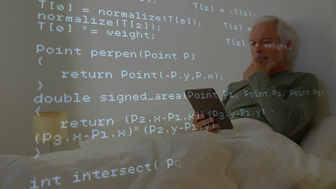 Animation of data processing over senior man with tablet