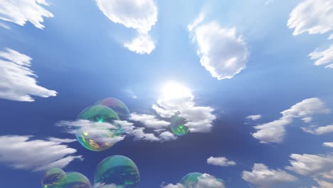 soap bubbles floating towards the clear blue sky with clouds and bright sun