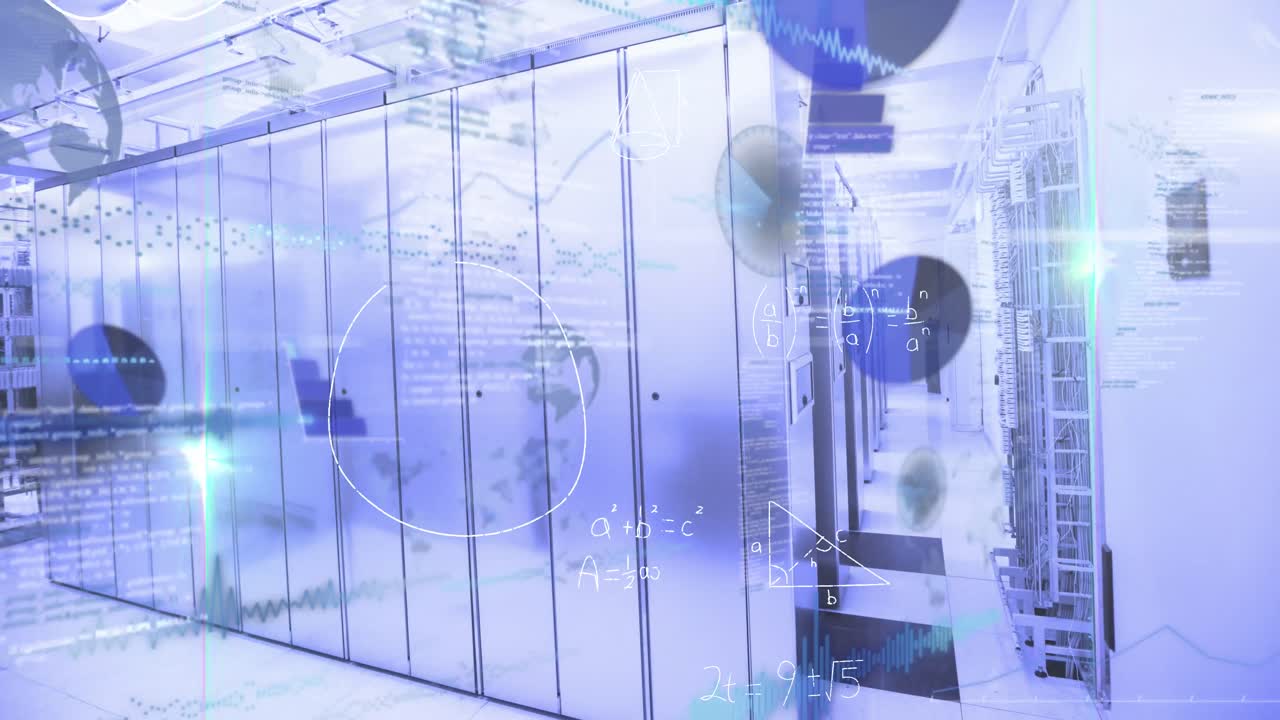 数学的方程式のアニメーションと空のコンピュータサーバールームに対するデータ処理