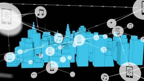 Animation-of-network-of-connections-with-icons-over-3d-city-drawing-on-black-background