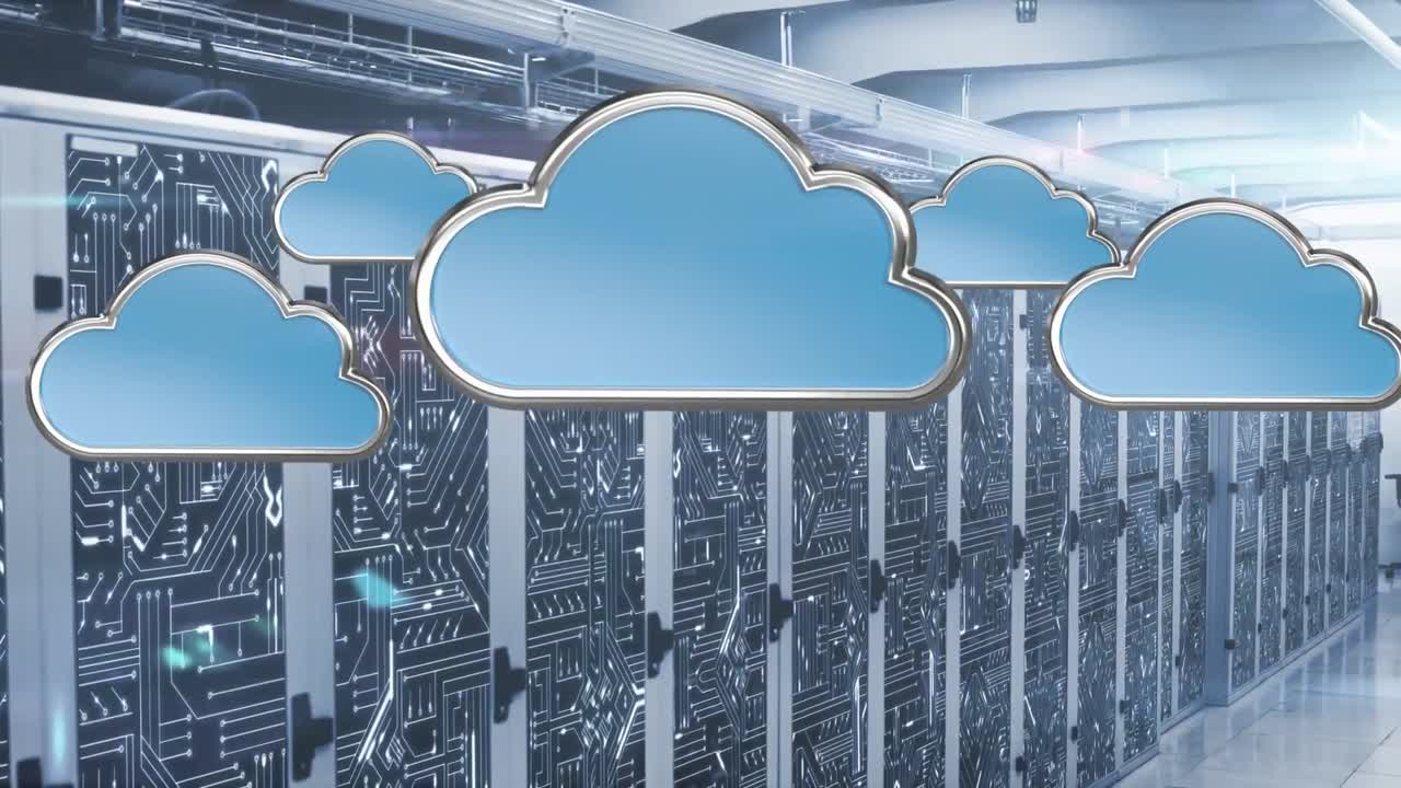 анимация сети иконок и соединений, обработка данных и цифровой информации на сервере