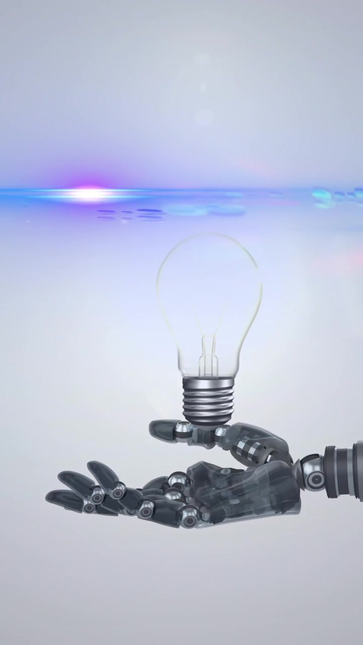 Animasi bola lampu menyala di atas tangan lengan robot, dengan cahaya biru pada latar belakang abu-abu.