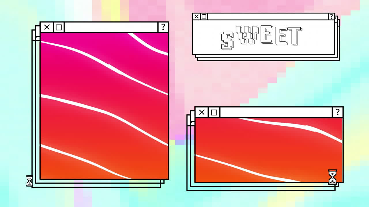 Animation of digital interface with sweet text and red shapes on colourful background