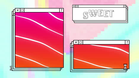 animation of digital interface with sweet text and red shapes on colourful background