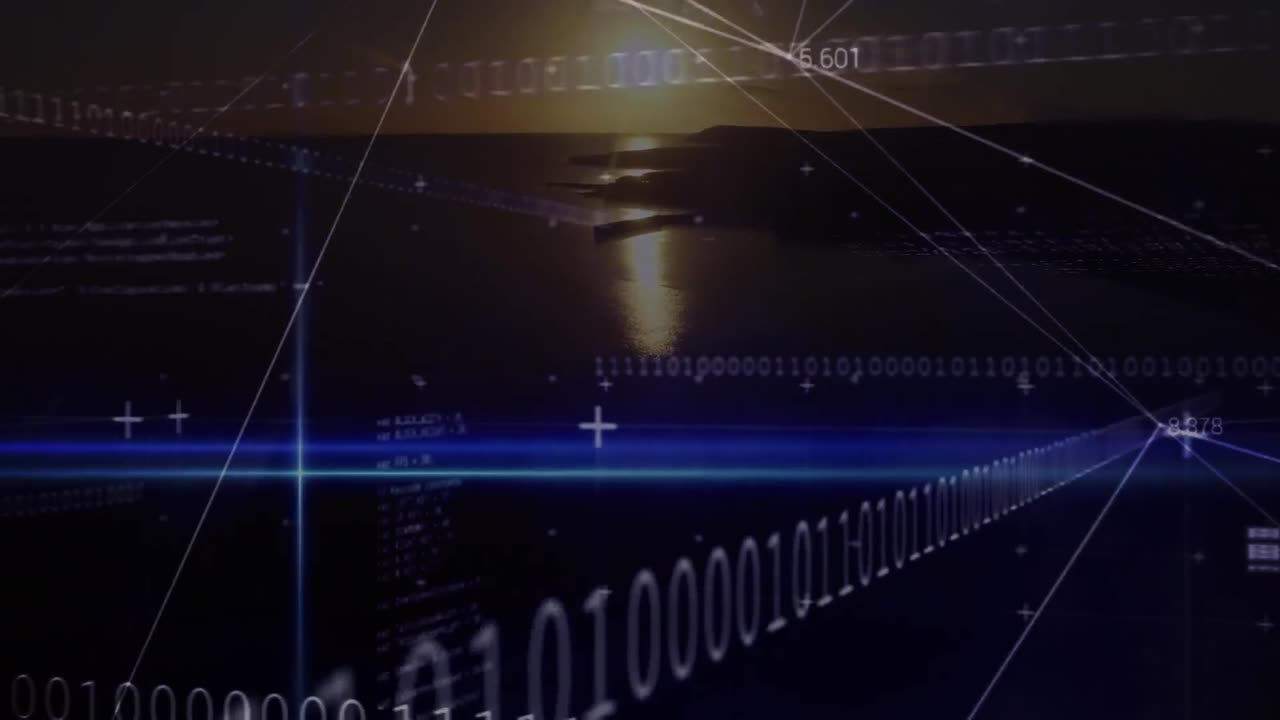 animación de codificación binaria, redes de conexiones sobre el paisaje