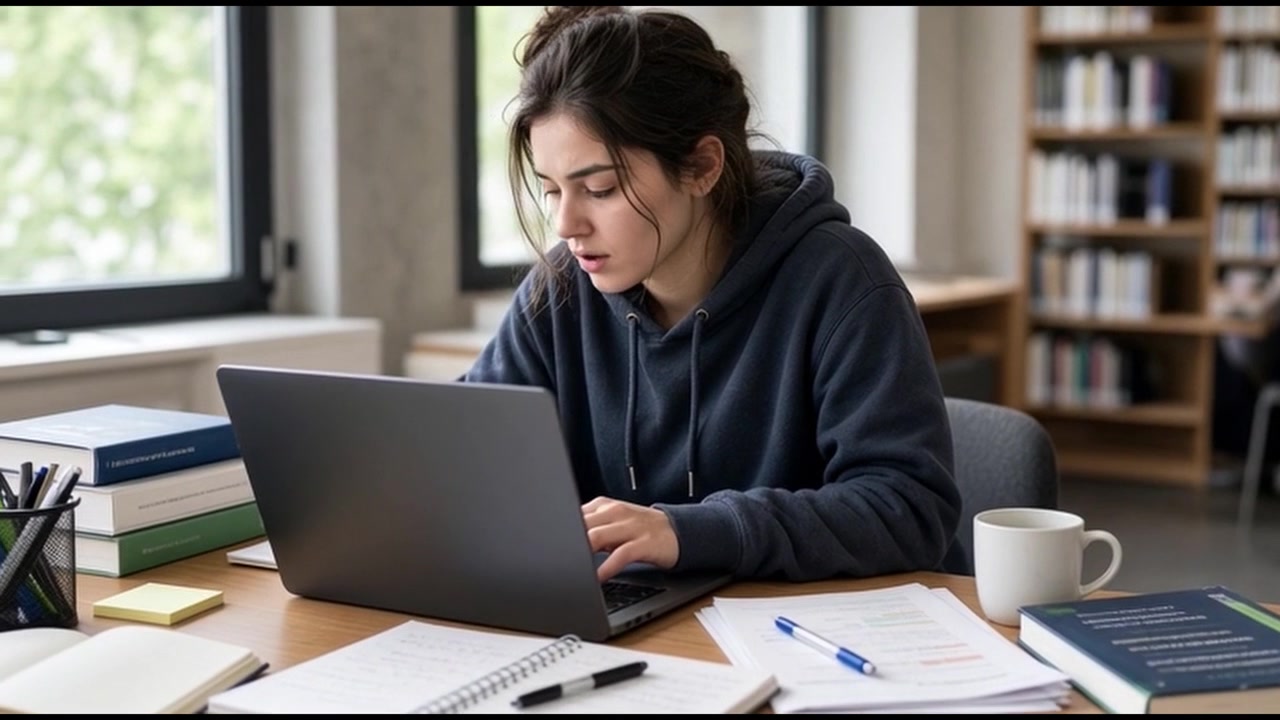 Young Woman Studying on Laptop in Library