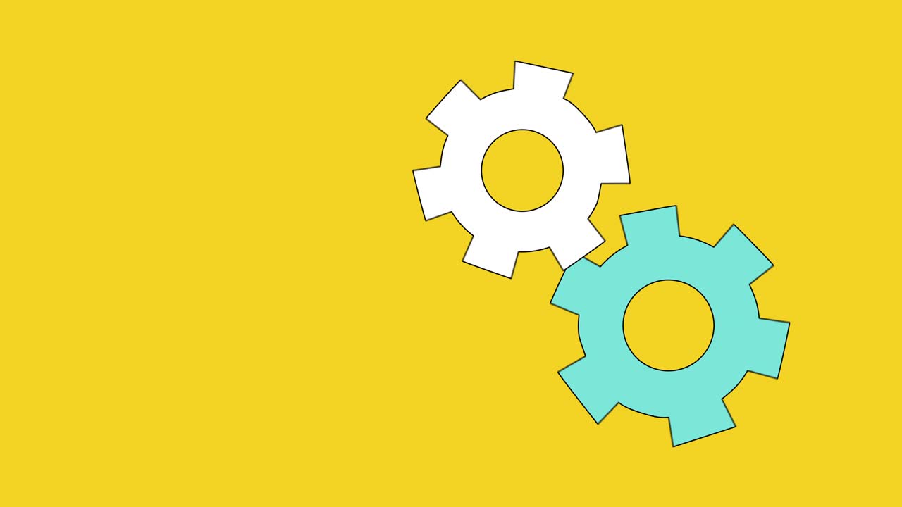 video en 4k de dos engranajes coloridos sobre un fondo amarillo.