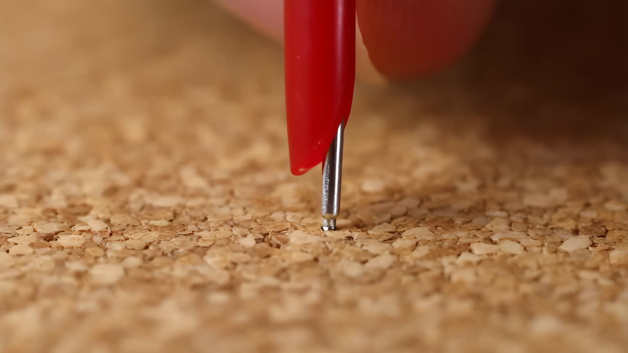 Close-up of a Hand Pressing a Red Thumbtack into a Cork Board